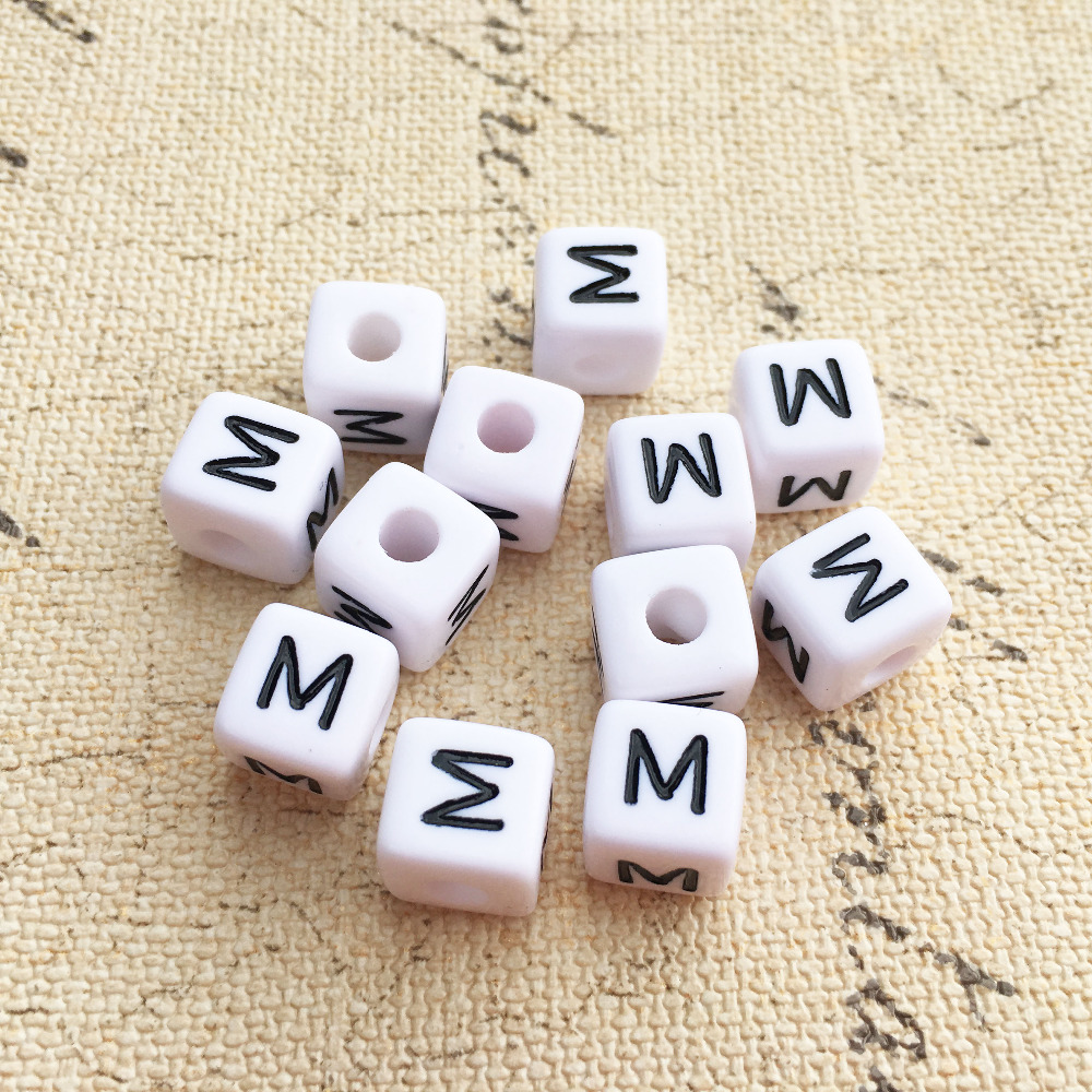 Free Shipping 10*10MM Plastic Square Letter M Printing Jewelry Beads 550PCS/Lot White Cube Alphabet Acrylic Plastic Lucite Beads