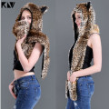 3 In 1 Women Men Fluffy Plush Animal Wolf Leopard Hood Scarf Hat with Paws Mittens Gloves Thicken Winter Warm Earflap Bomber Cap