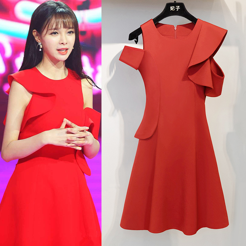 Summer Lotus Leaf Sleeveless O-neck Knee-length A-line Plus Size Slim Solid Color Red White Simple Chiffton Cocktail Dress 9729