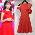 Summer Lotus Leaf Sleeveless O-neck Knee-length A-line Plus Size Slim Solid Color Red White Simple Chiffton Cocktail Dress 9729