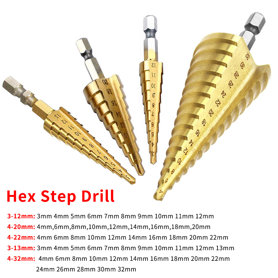 Drill Bit Set Step Cone Taper Hole Cutter 3-12mm/13mm 4-20mm/22mm/32mm Titanium Coated Metal Hex Stepped Drill Bits