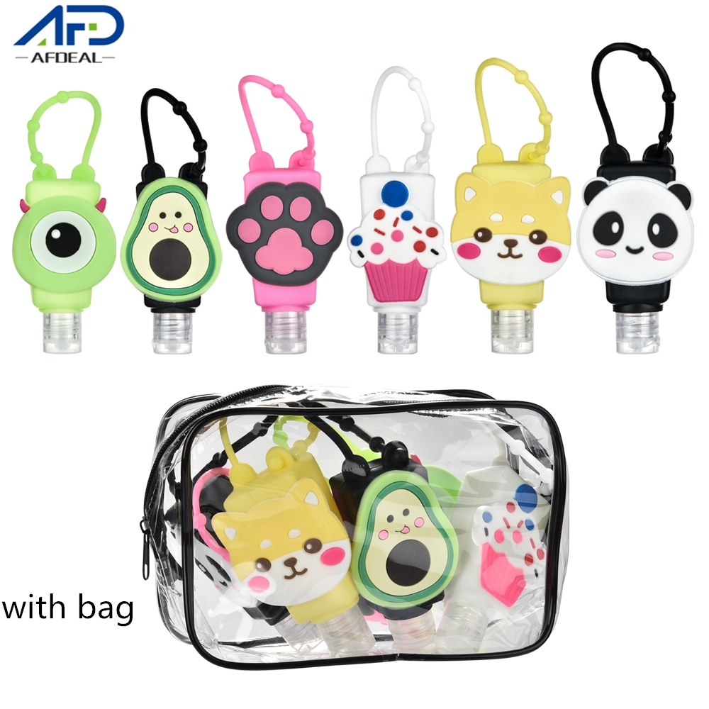 6pcs Cute Cartoon Mini Hand Sanitizer Bottle with Bag Silicone Refillable Hand Gel Holder Detachable Cover Liquid Soap Dispenser