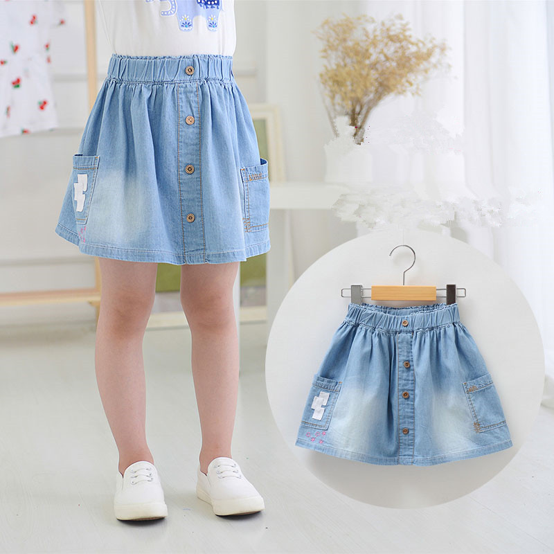 New Arrival Baby Girls Soft Denim Skirts Girls Cotton Skirt With Pokets Kids Summer All-match Denim Skirts