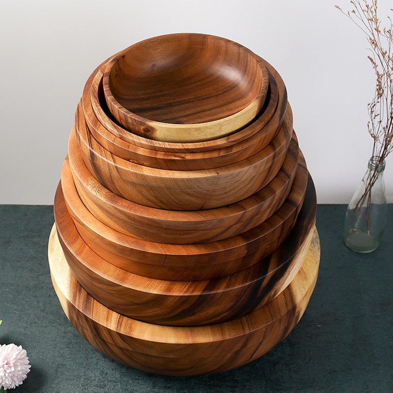 Super large Siwood Bowl Tray Set Wooden Tray Round Extra Large Salad Bowl Solid Wood Tray Custom mixing bowls ramen