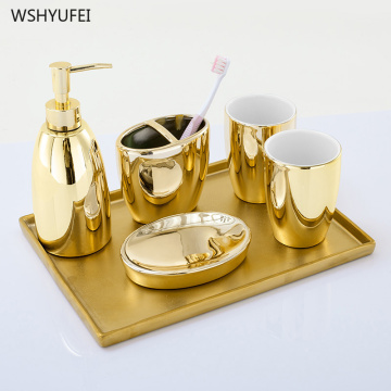 Light luxury European creative golden home wash set ceramic bathroom toilet toothbrush holder mouth cup soap bottle soap dish