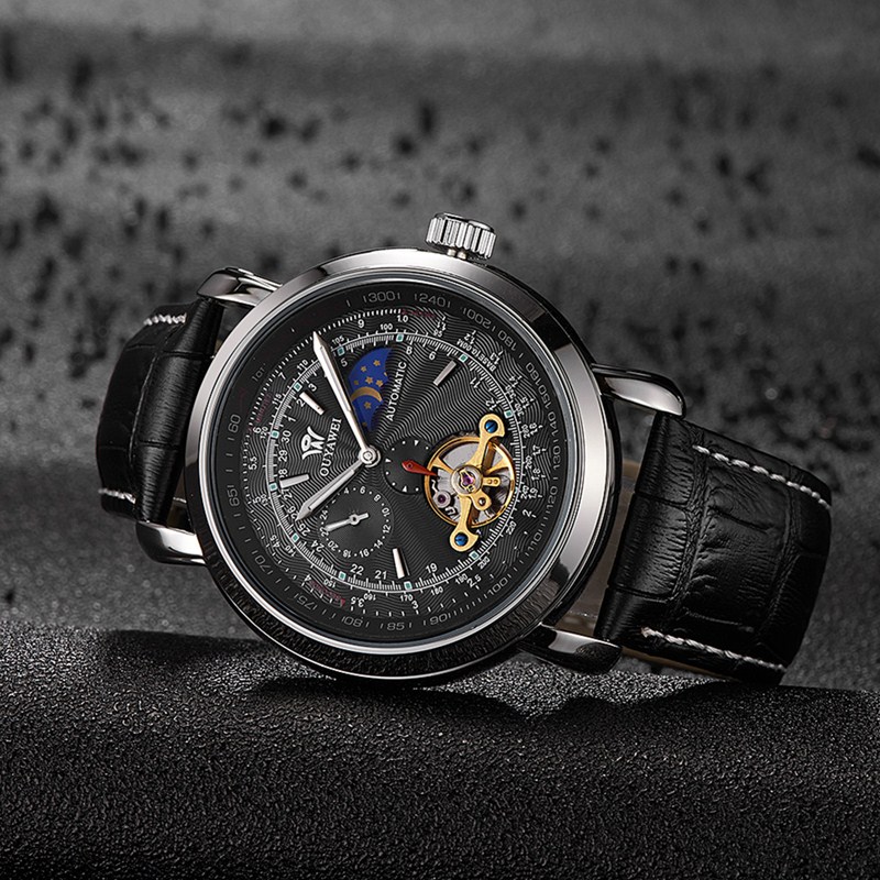 Gorben Black White Automatic Mechanical Watch Men Skeleton Watches PU Leather Bracelet Wristwatch Mechanical Clock