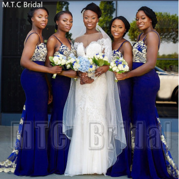 New Arrival Royal Blue Mermaid African Bridesmaid Dresses With Gold Lace Backless Spaghetti Strap Sexy Maid Of Honor Dress Cheap
