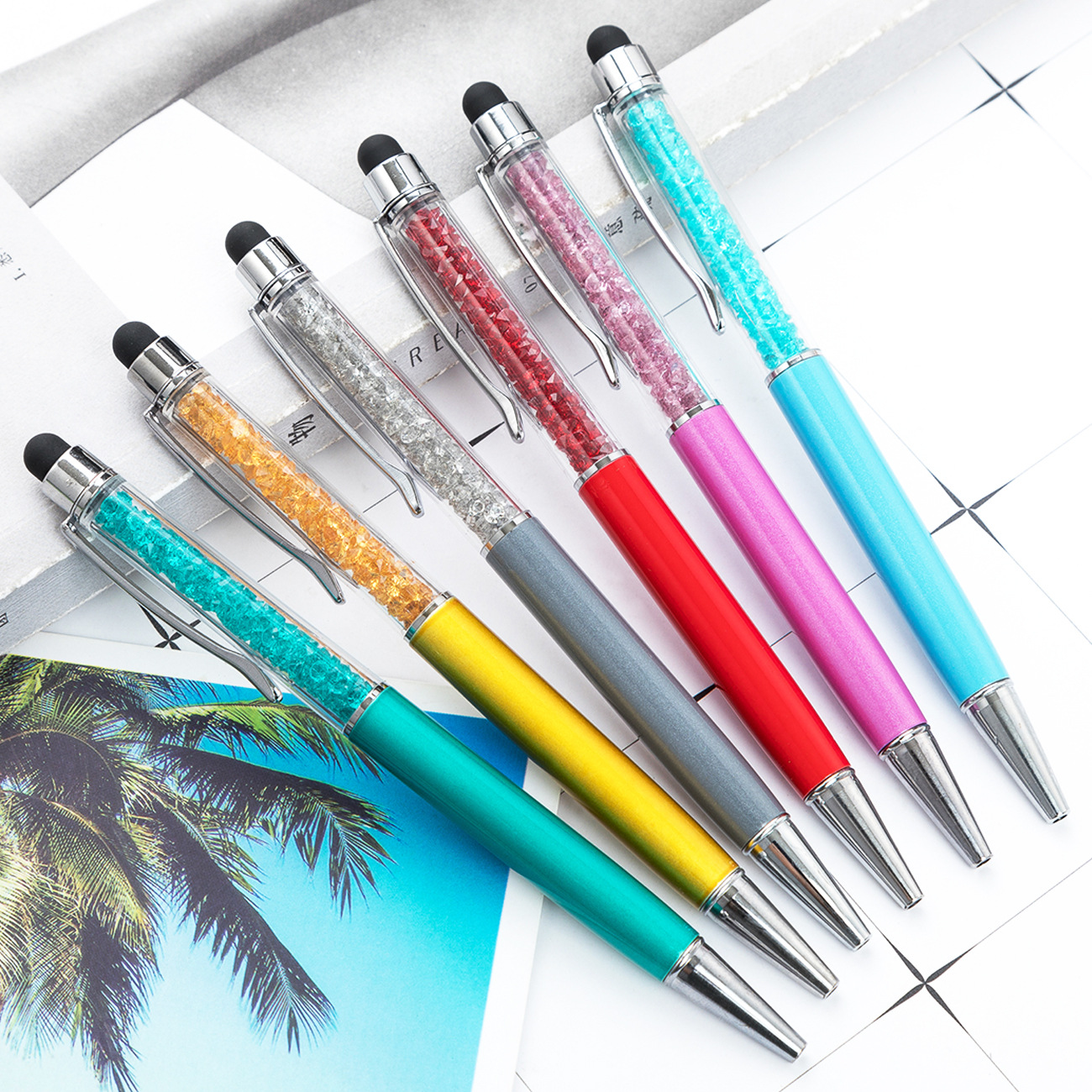 20pcs/lot Customized Crystal Ballpoint Pen Creative Stylus Touch Pen 26 Colors Writing Ballpen Stationery Office School Supplies