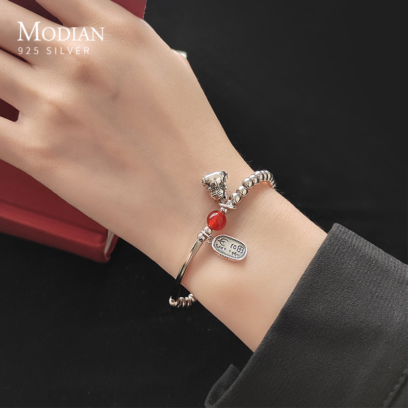 Modian Crystal Balls Cute Cat Lettering Geomatric Oval Light Beads 925 Sterling Silver Bracelet Bangle for Women Fine Jewelry