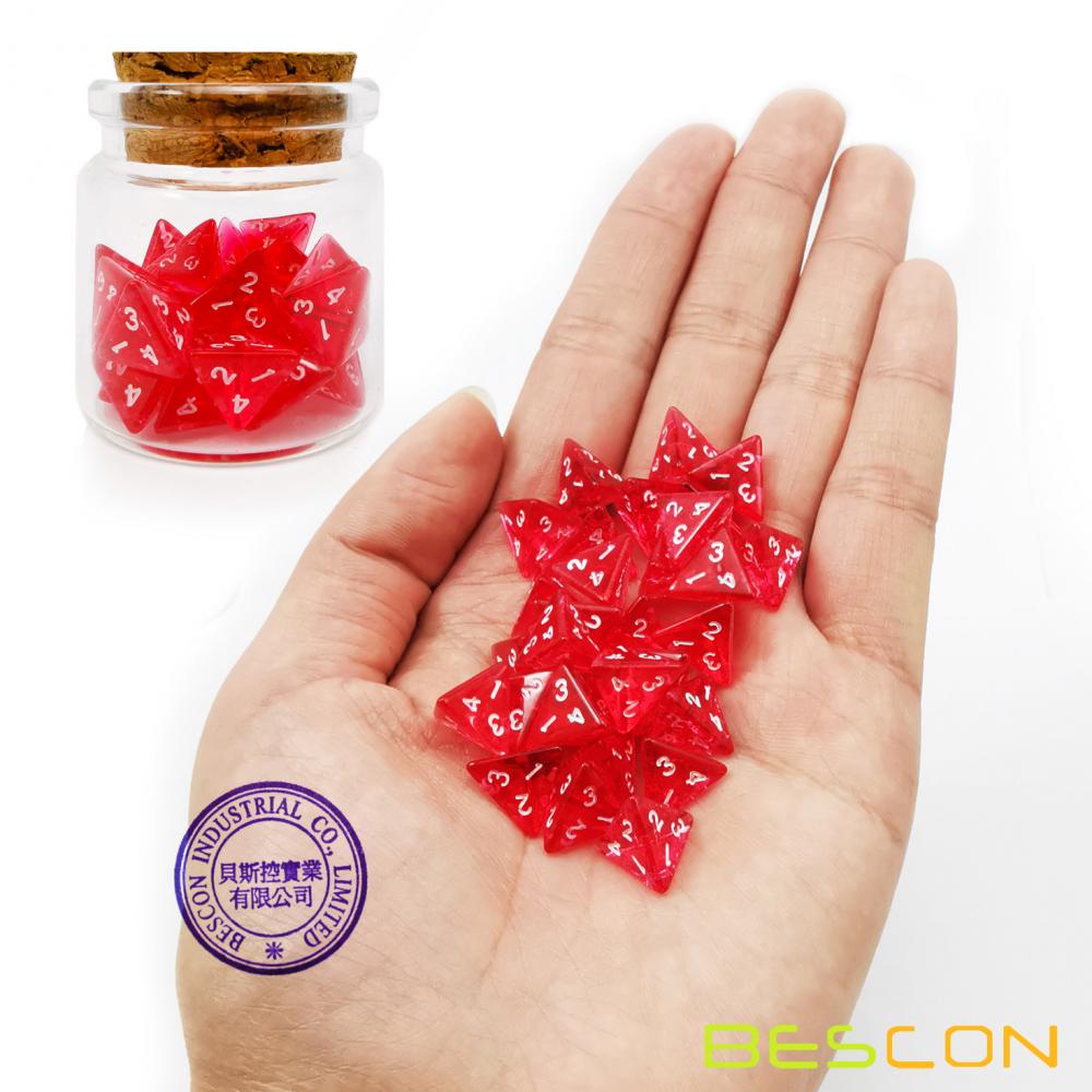 Bescon Mini Transparent Red D4 Dice 30pcs Healing Potion Bottle, 30pcs Roleplaying Mini Red Gem D4 Dice Healing Potion Pack