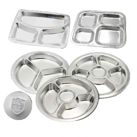Customizable stainless steel dinner plates.