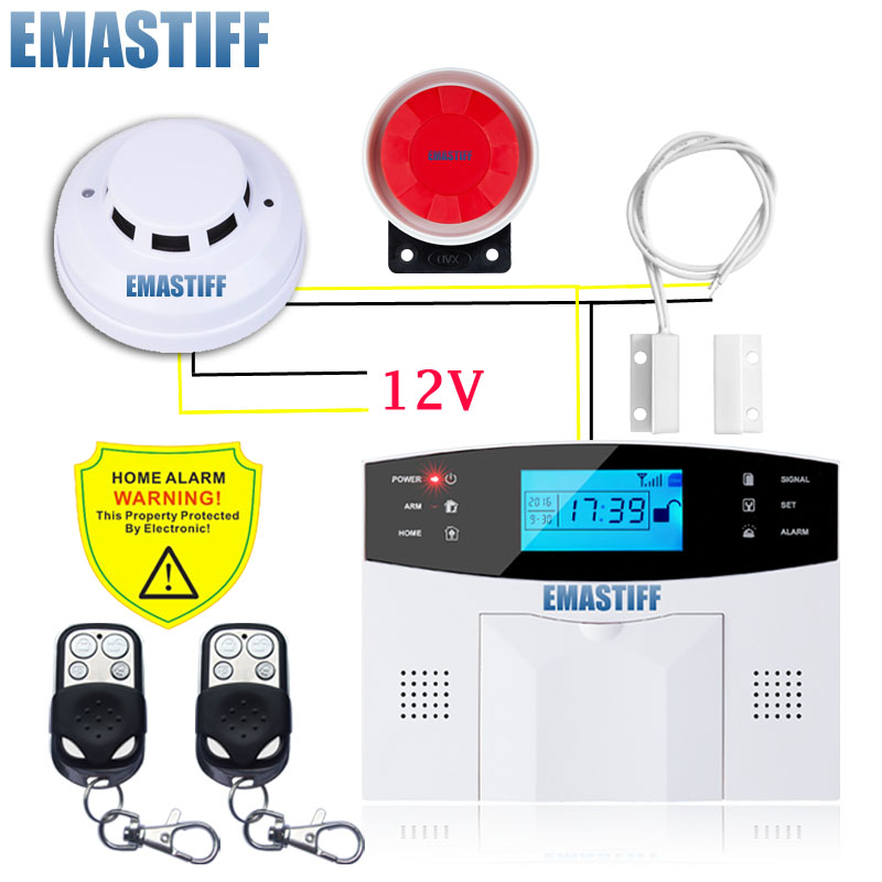 GSM Wired Alarm System Built-in antenna Alarm Systems Security Home Alarm Russian English Spanish Voice with Smoke detector