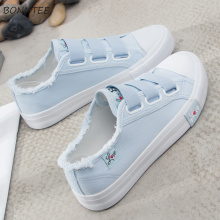 Vulcanize Shoes Women Casual Flat Hook&Loop Footwear Womens Korean Style Students Canvas Sneakers Cute Trendy Ladies Shoe Simple