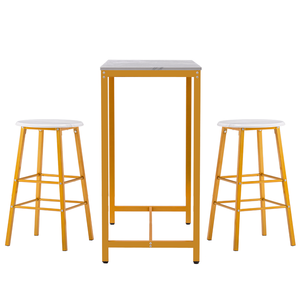 [107 x 47 x 92]cm PVC Marble Simple Bar Table Round Bar Stool Golden Paint One Table and Two Stools White