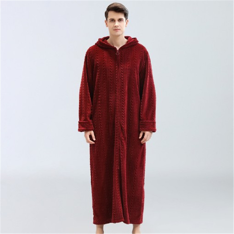 Long Hooded Men's Bathrobe Flannel Zipper Warm Sleepwear Luxury Stripe Solid Robes Loose Maxi Nightgown Bath Robe Badjas DS50980