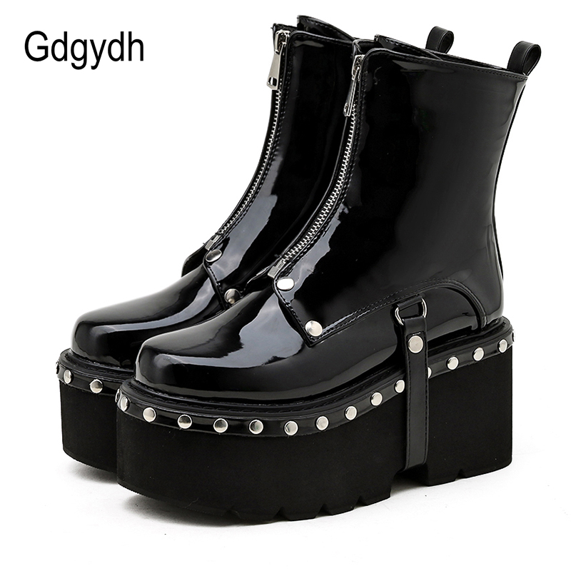 Gdgydh Sexy Rivets Platform Boot Gothic Cheap Black Patent Leather Shoes Women For Autumn Winter Chunky Heel Comfort Front Zip