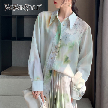 TWOTWINSTYLE Casual Print Asymmetrical Women Blouse Lapel Collar Lantern Long Sleeve Loose Hit Color Shirt For Female Fashion