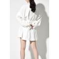[EAM] Women White Pleated Stitch Big Size Shirt Dress New Stand Collar Long Sleeve Loose Fit Fashion Spring Autumn 2021 JO3700