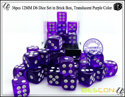 36pcs 12MM D6 Dice Set in Brick Box, Translucent Purple Color-4