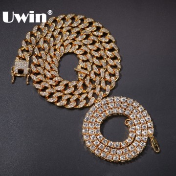UWIN 2 Necklaces Fashion Hiphop Jewelry 13mm Cuban Link Chain With 5mm Iced Out Rhinestones Tennis Chains Gold Color Necklace