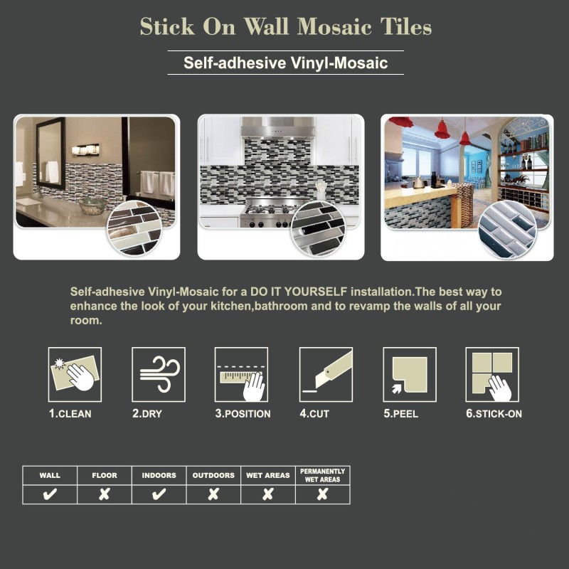 Peel And Stick Backsplash Removable Self Adhesive Mosaic Art Tile Wall Sticker Vinyl Bathroom Kitchen Home Decor DIY