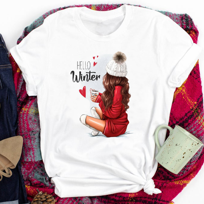 Women Lady Coffee Girl Winter Time Cute 90s Happy Holiday Merry Christmas Print Tshirt Clothes Top Graphic Female T Tee T-shirt