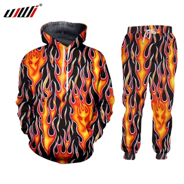 UJWI 2 pieces Autumn 3D print flame tracksuit men Sweatshirt Sports Set Clothes Men Hip hop Suit Training Suit Sport Wear 5XL