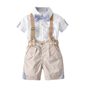 0-4Y Toddler Baby Boys Gentleman Clothes Sets Solid Short Sleeve Shirts Tops+Overalls Pants 2pcs