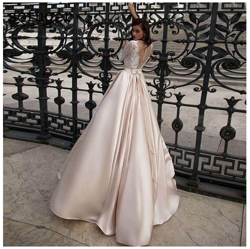 Elegant Lace Wedding Dress Vestidos de novia 2019 Champagne A Line Bridal Dress Satin Sexy Romantic Floor Length Wedding Gowns