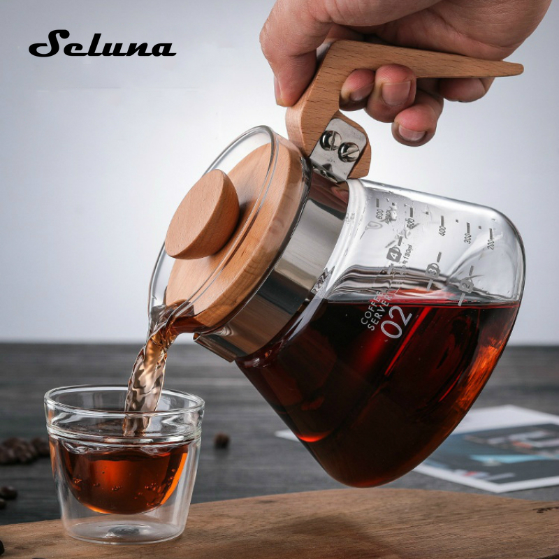 Wooden Handle Glass Coffee Maker Hand Drip Coffee Pot Dripper Pour Over Glass Range Coffee Server Pots Glass Kettle Brewer Clear