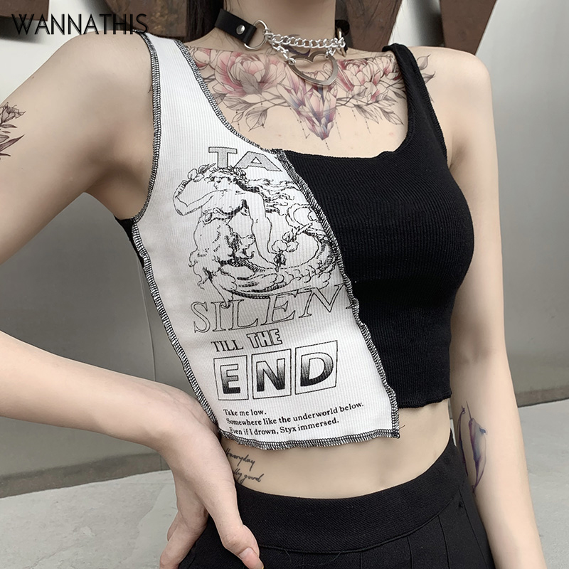 WannaThis Summer V-neck Sleeveless Front Lettr Print Black White Splice Tank Tops Women Slim Sexy Casual Knitted Women Crop Tops