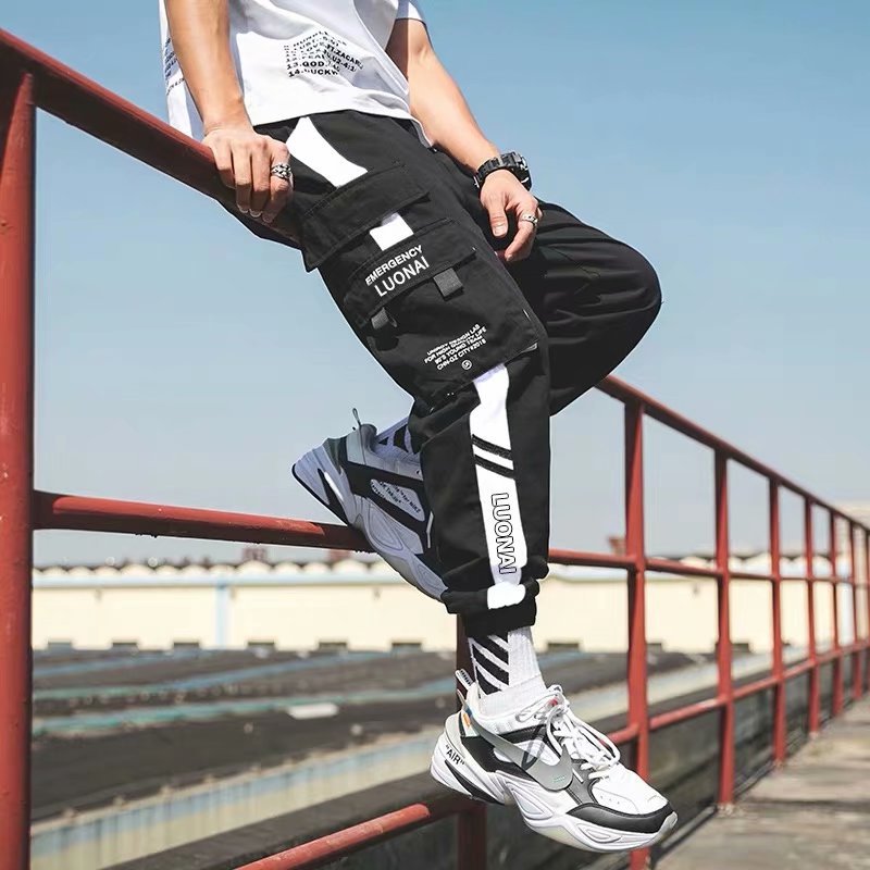 Hip Hop Ribbons Cargo Pants Men Joggers Pants Mens Streetwear Military Pants 2020 Fashion Male Elastic Waist Pant Cotton Black