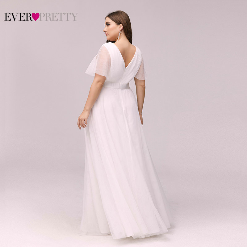 Plus Size Wedding Dresses Ever Pretty A-Line Double V-Neck Short Sleeve Ruched Illusion Formal Bride Gowns Robe De Mariee 2021