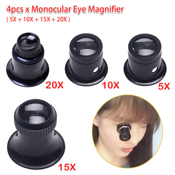 Jeweler Watch Magnifier Tool 5X 10X 15X 20X 4pcs Portable Monocular Magnifying Glass Loupe Lens for Eye Magnifier Len Repair Kit