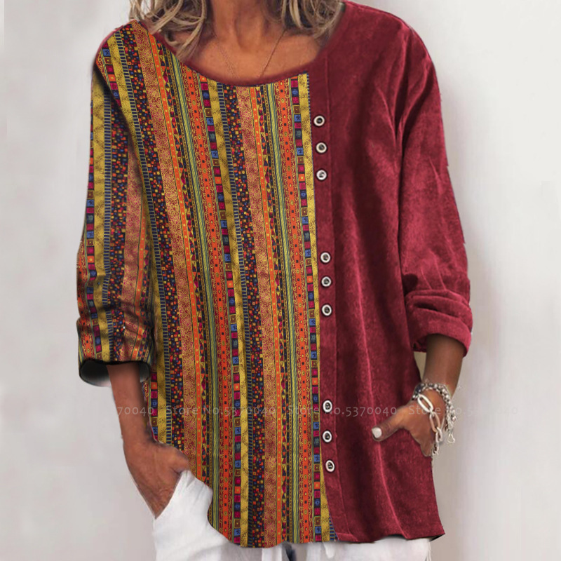 Women Fashion Tops India Pakistan Clothing Shirts Medieval Retro Bohemian Print T-shirt Vintage Casual Blouse African Clothes