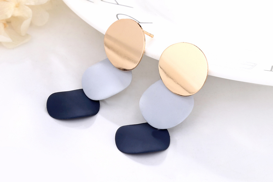 Hoop &huggie earrings Round Button Dangle Stud - Triple Gold Blue Acrylic Matte Paint Curved Discs Drop Jewelry Gift for Women