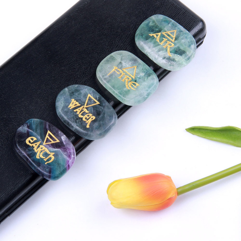 Natural Colorful Fluorite Palm Stones Crystal Engraved Element Symbols Reiki Healing Set Air Water Fire Earth 4pcs