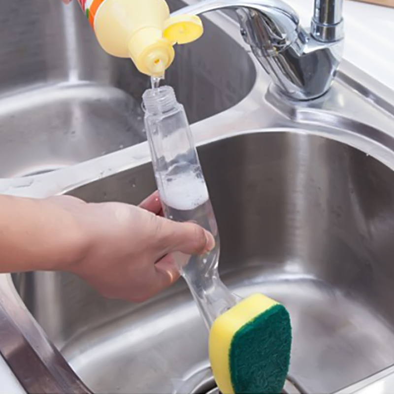 Kitchen Dishwash Brush Long-handled Cleaning Brush Scrubber with Liquid Soap Dispenser Strong Decontamination Cleaning Sponge