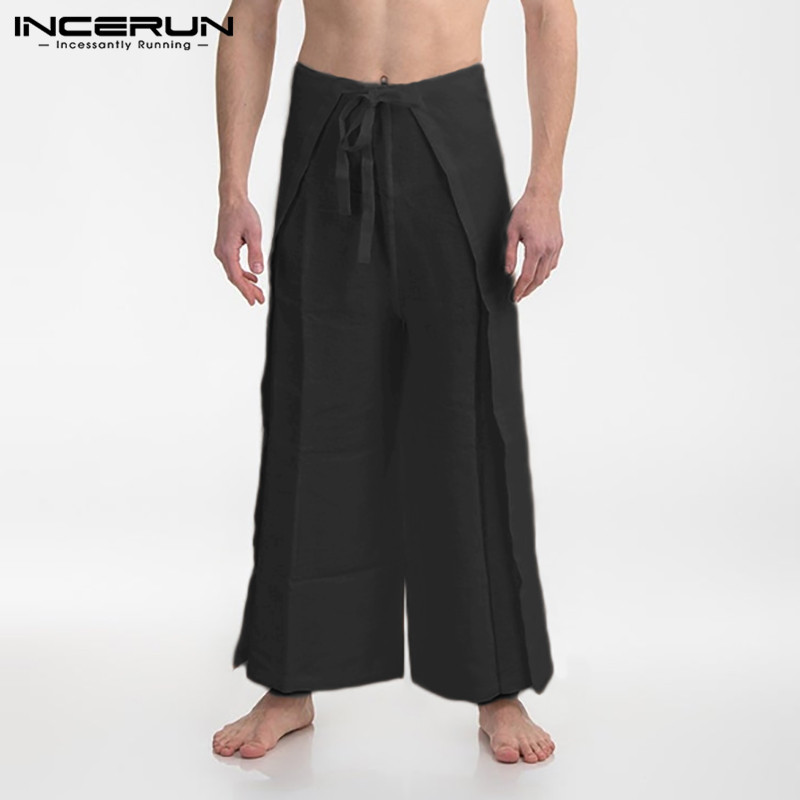 INCERUN Solid Color Men Wide Leg Pants Joggers Lace Up Streetwear Casual Loose Thai Trousers Men Cotton Fisherman Pants S-5XL