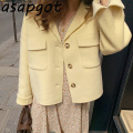 Women's Clothing Coats & Jackets Wool & Blends Chic Korea Temperament Cream Yellow Lapel Loose Gentle Pocket Short Woolen Coat