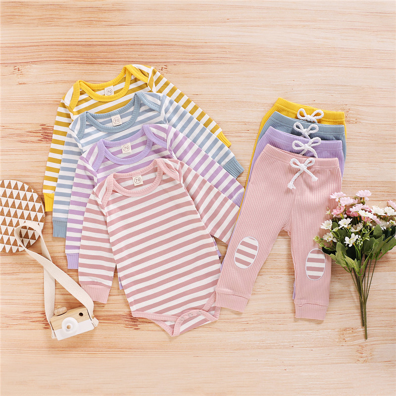 Autumn Toddler Kids Baby Boys Girls Clothes Sets Newborn Infant Striped Long Sleeve Romper Tops+Pants Trousers Outfit Clothes