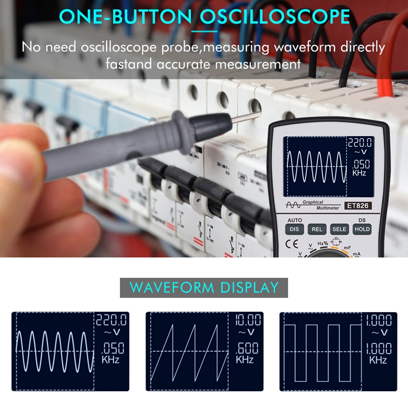 ET826 Digital Oscilloscope Multimeter Current Voltage Frequency Tester Analog Bar Graph Data Waveform Display 20KHZ Bandwidth