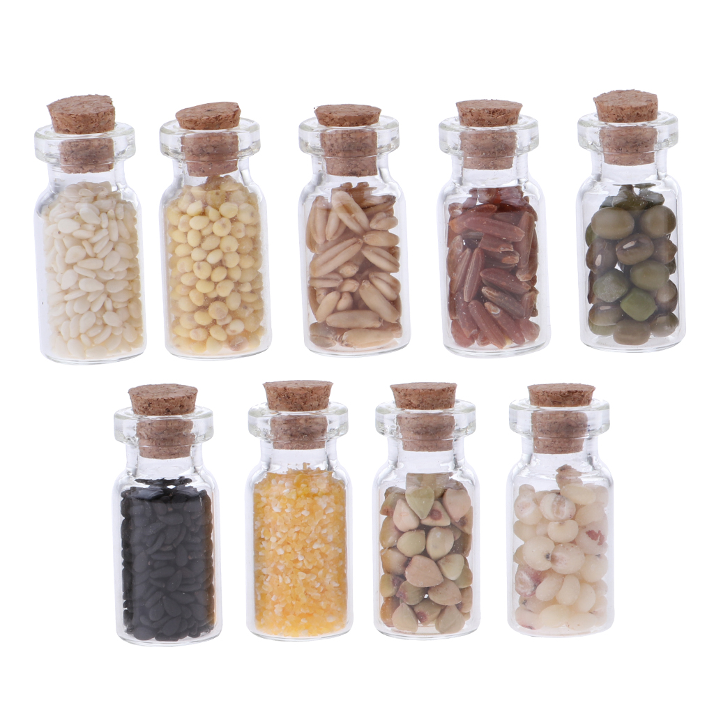 9 Pieces Set 1/12 Glass Jar with Different Dried Foods Dollhouse Miniature Food Kitchen Accessories Kids Pretend Play Toy