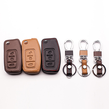 High quality car-covers 100% car leather key case genuine leather key chain ring cover for Ford Focus 2 MK2, 3 buttons Key Shel