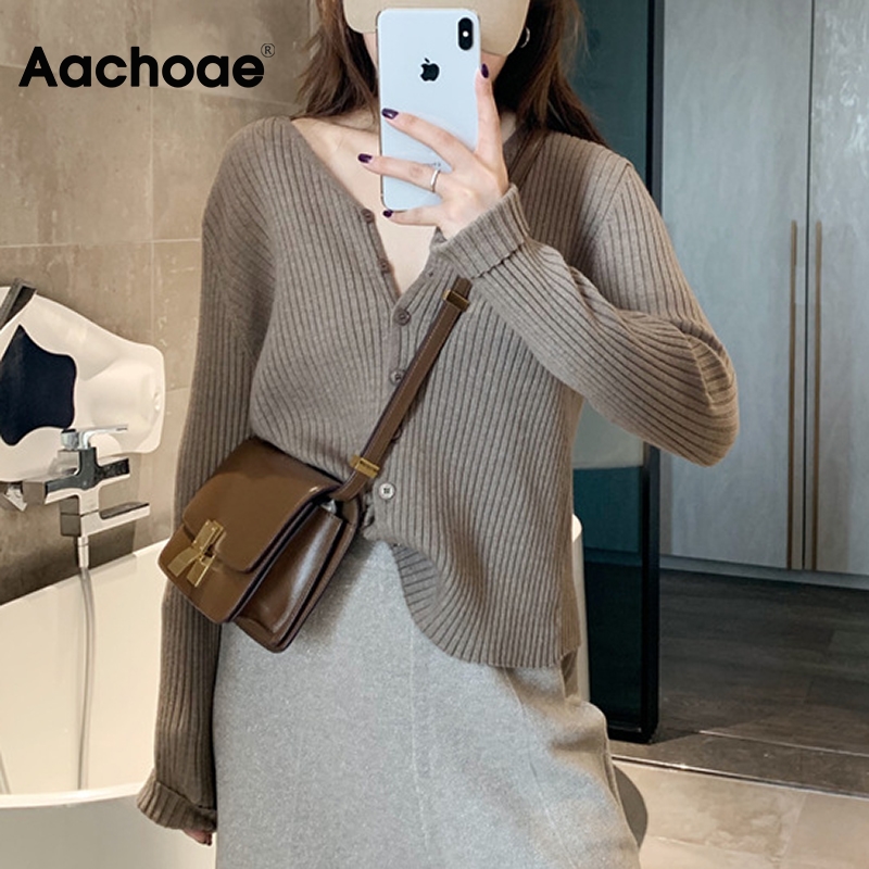 Aachoae 2020 Autumn Casual Knitwear Sweater Women V Neck Solid Cardigan Tops Long Sleeve Ladies Sweaters Winter Cardigans Mujer