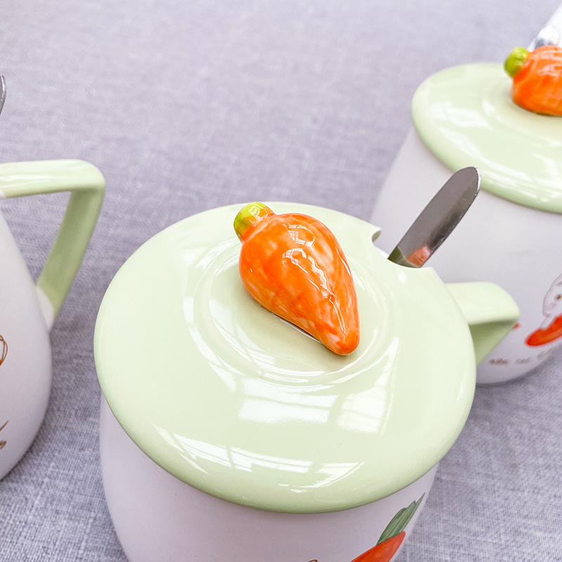 Cartoon cute radish rabbit ceramic cup with lid spoon simple mug small fresh household milk cup