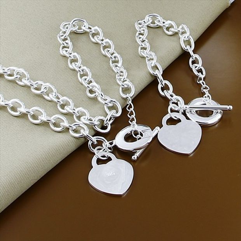 925 Sterling Silver Jewelry Fashion Heart Chain Bracelet Necklace Two-Piece Jewelry Sets Trendy Jewelry Gifts