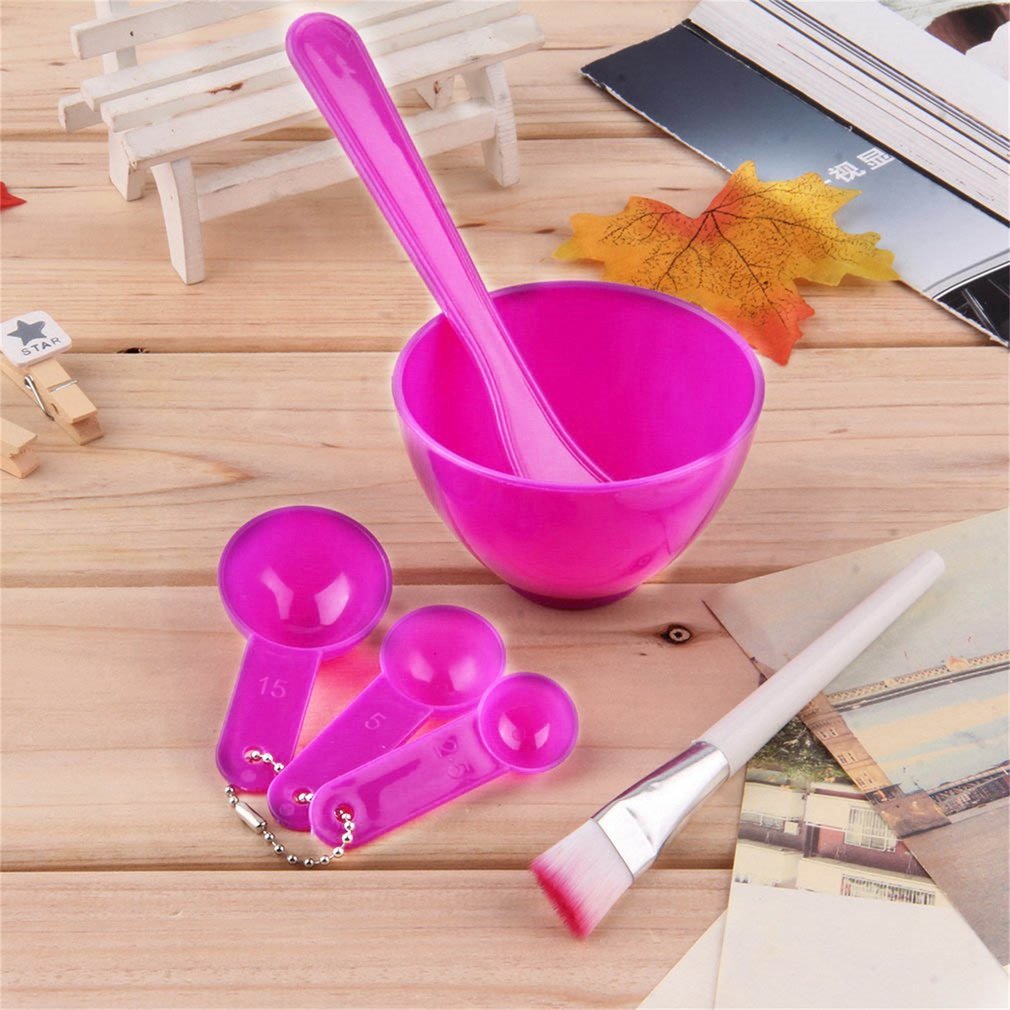 4 in 1 Facial Mask Mixing Bowl Brush Spoon Brush Stick Set DIY Plastic Soft Mixing Applying Facial Care Makeup Tool Kit Rose Red