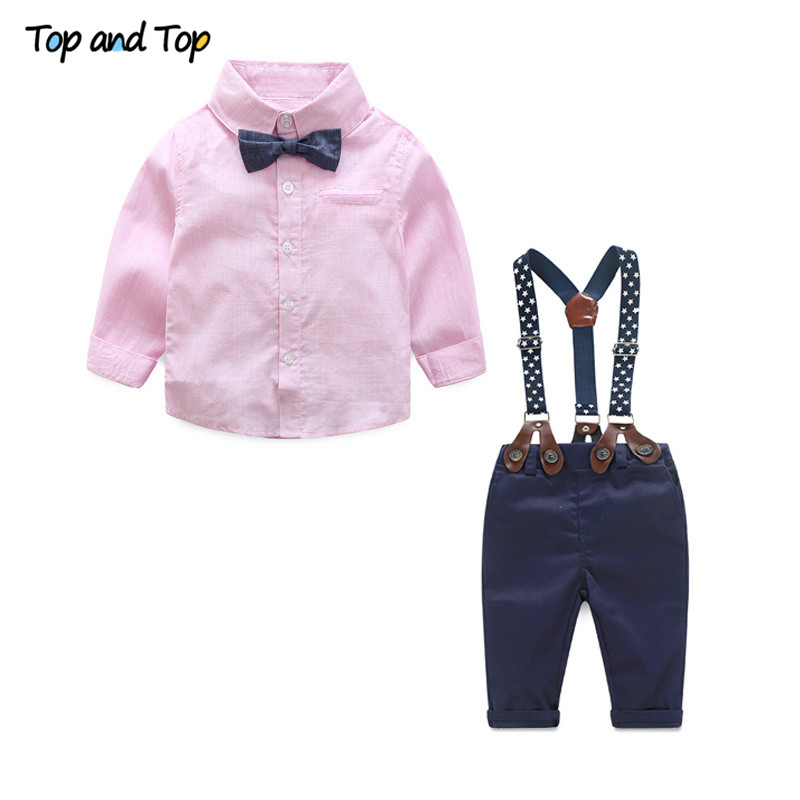 Top and Top Formal Baby Boy Clothing Set Autumn Stripe Long Sleeve Bow Tie T-shirt+Suspenders Pants Cotton Baby Clothes