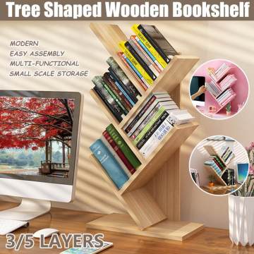 Tree Shaped Bookshelf 3/5 Layers Desk Study Bookcase Furniture Decor Book Rack Multi-grid Storage Shelf Wooden Display Shelf